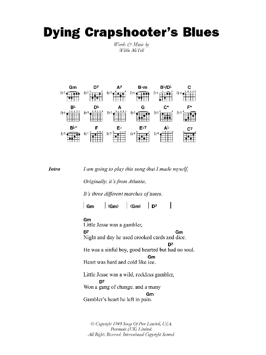 Blind Willie McTell Dying Crapshooter's Blues sheet music notes and chords arranged for Guitar Chords/Lyrics
