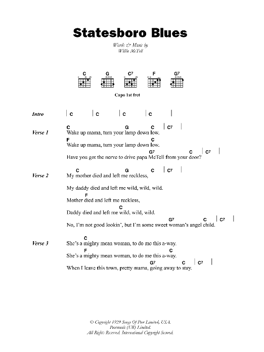 Blind Willie McTell Statesboro Blues sheet music notes and chords arranged for Guitar Chords/Lyrics