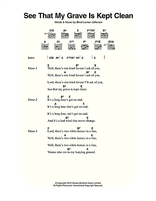Blind Lemon Jefferson See That My Grave Is Kept Clean sheet music notes and chords arranged for Guitar Chords/Lyrics