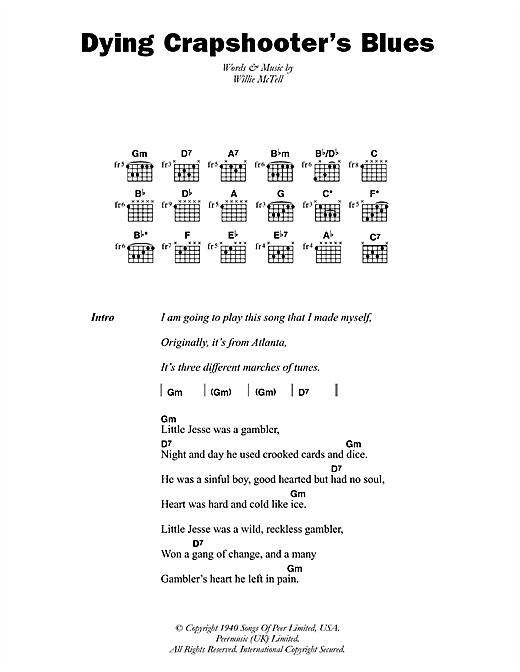 Blind Willie McTell Dying Crapshooter's Blues sheet music notes and chords arranged for Guitar Chords/Lyrics