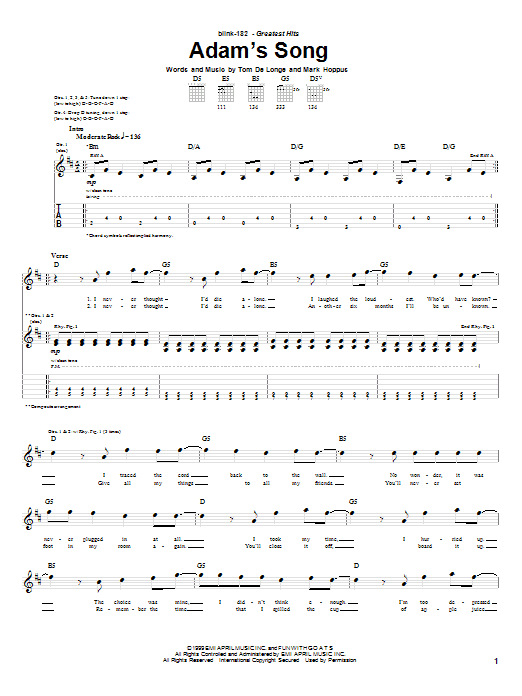 Blink-182 Adam's Song sheet music notes and chords arranged for Guitar Tab