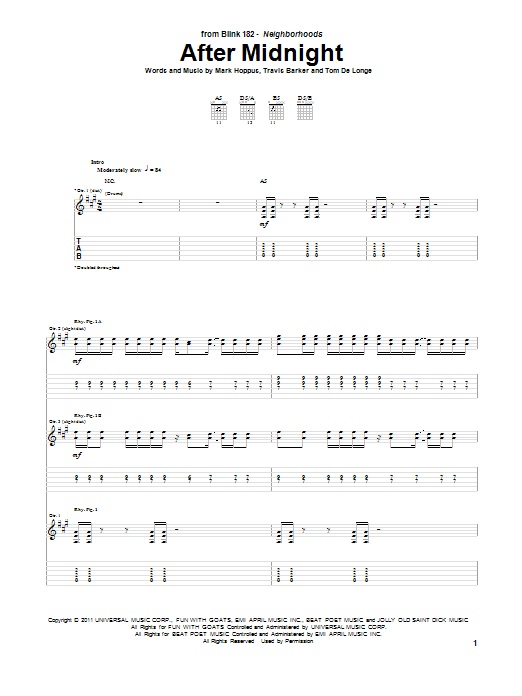 Blink-182 After Midnight sheet music notes and chords arranged for Guitar Tab