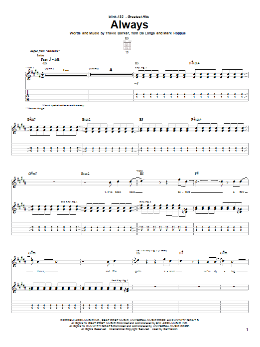 Blink-182 Always sheet music notes and chords arranged for Guitar Tab