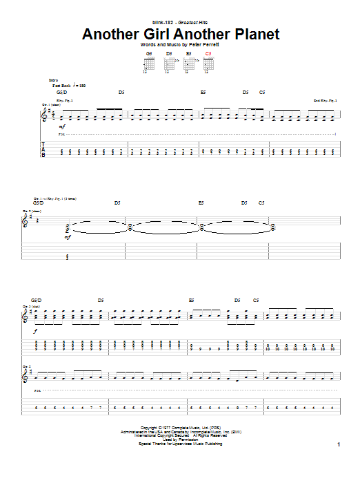 Blink-182 Another Girl Another Planet sheet music notes and chords arranged for Guitar Tab