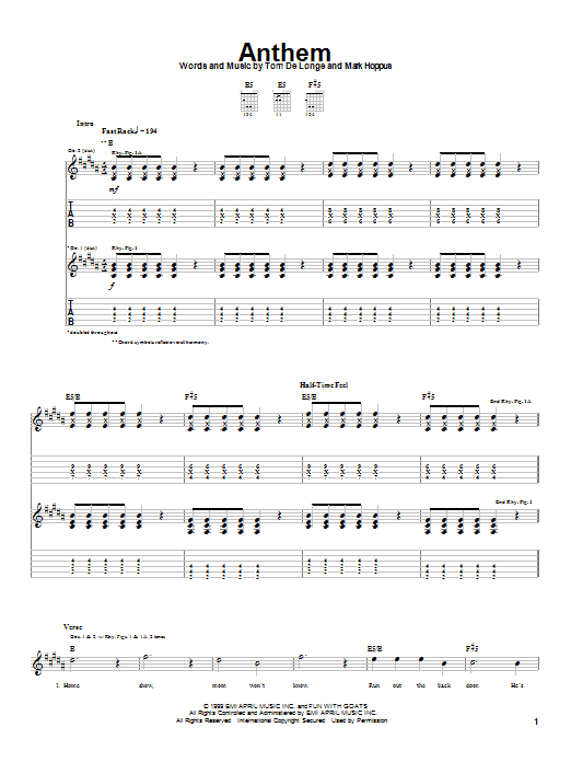 Blink-182 Anthem sheet music notes and chords arranged for Guitar Tab