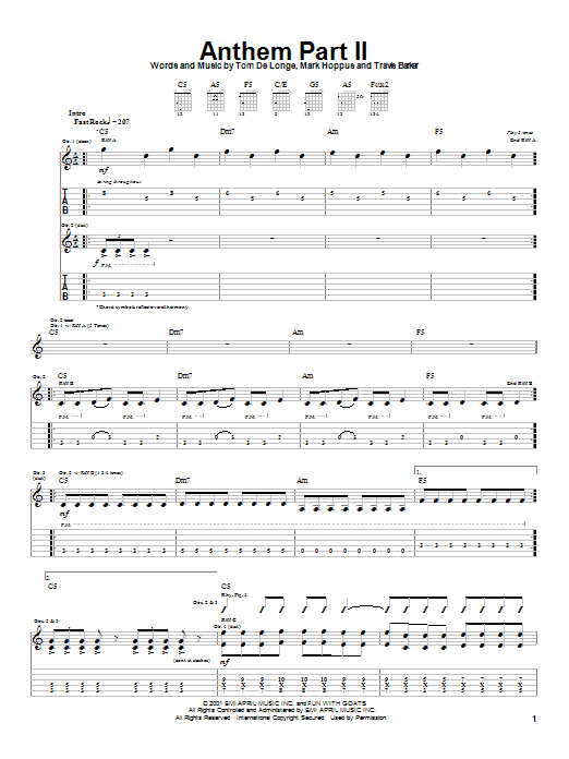 Blink-182 Anthem Part II sheet music notes and chords arranged for Guitar Tab