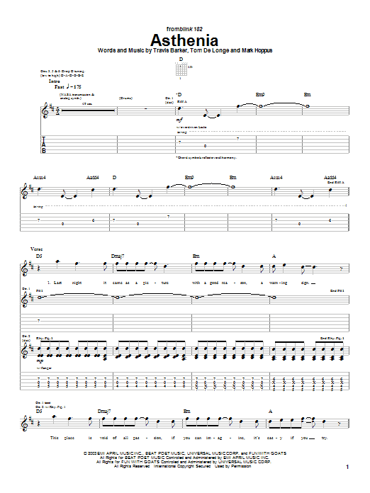 Blink-182 Asthenia sheet music notes and chords arranged for Guitar Tab