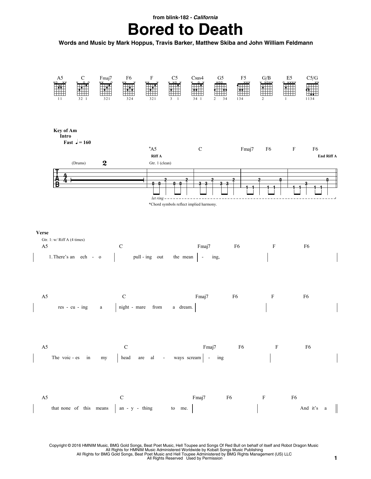 Blink 182 Bored To Death sheet music notes and chords arranged for Guitar Rhythm Tab