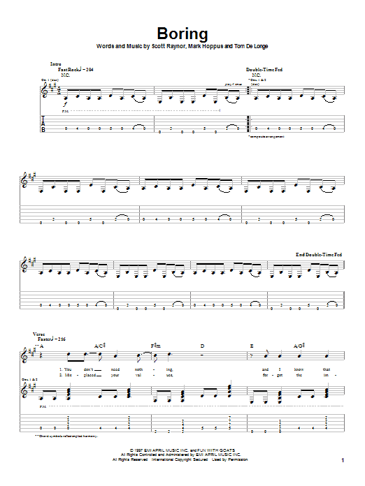 Blink-182 Boring sheet music notes and chords arranged for Guitar Tab