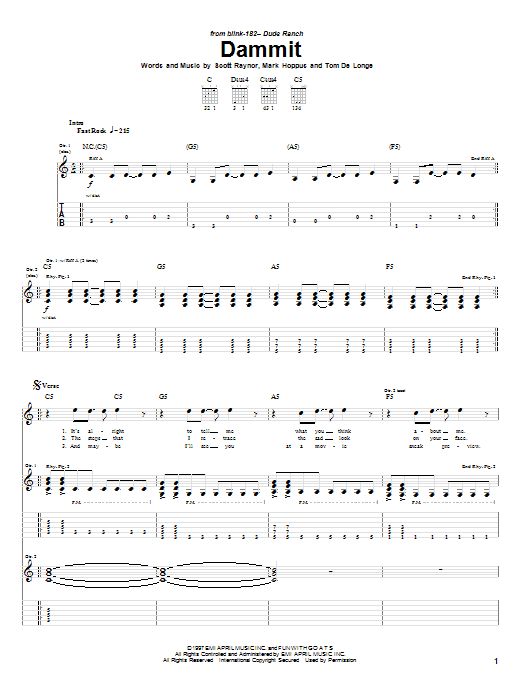 Blink-182 Dammit sheet music notes and chords arranged for Guitar Tab