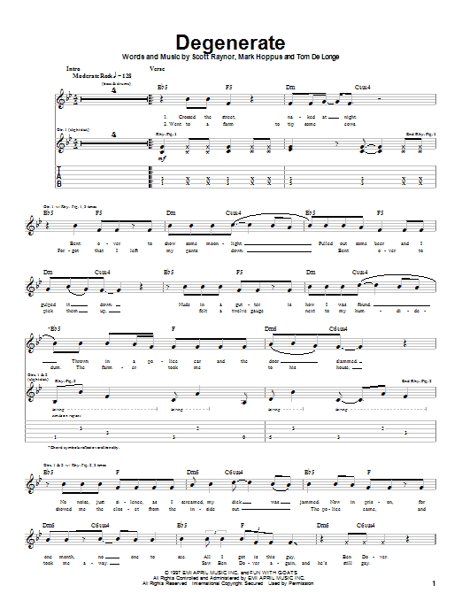 Blink-182 Degenerate sheet music notes and chords arranged for Guitar Tab