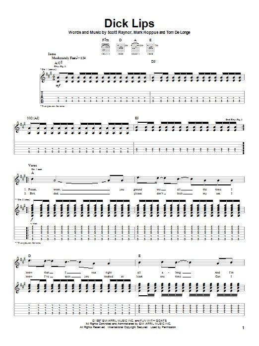 Blink-182 Dick Lips sheet music notes and chords arranged for Guitar Tab