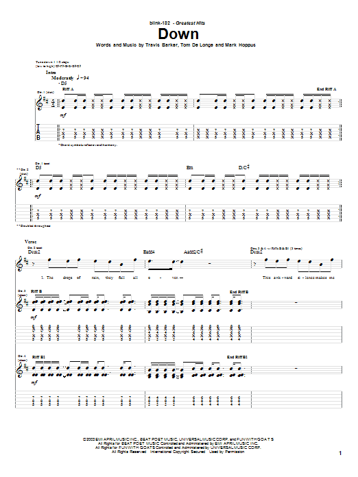 Blink-182 Down sheet music notes and chords arranged for Easy Guitar Tab