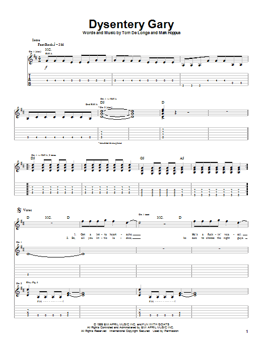 Blink-182 Dysentery Gary sheet music notes and chords arranged for Guitar Tab