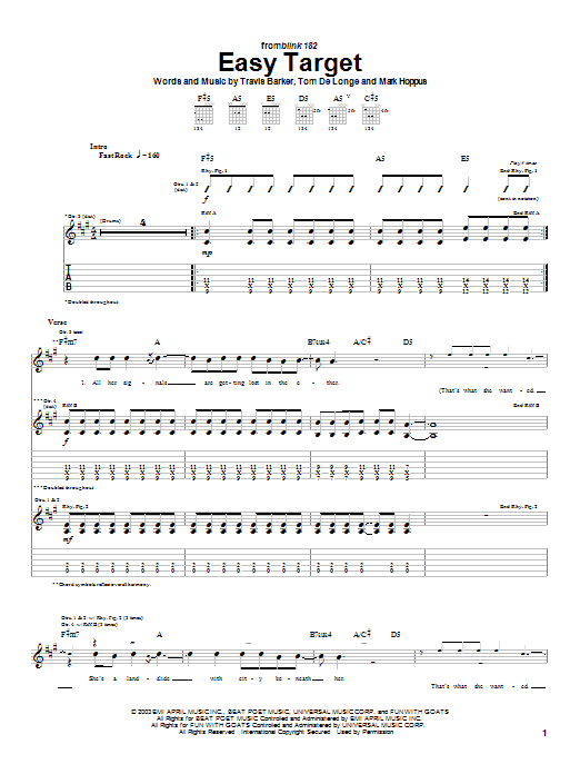 Blink-182 Easy Target sheet music notes and chords arranged for Guitar Tab