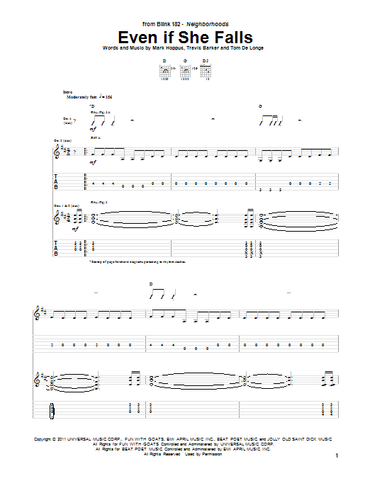 Blink-182 Even If She Falls sheet music notes and chords arranged for Guitar Tab