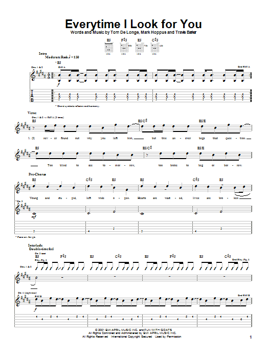 Blink-182 Everytime I Look For You sheet music notes and chords arranged for Guitar Tab