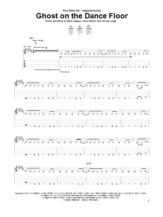 Blink-182 Ghost On The Dance Floor sheet music notes and chords arranged for Guitar Tab