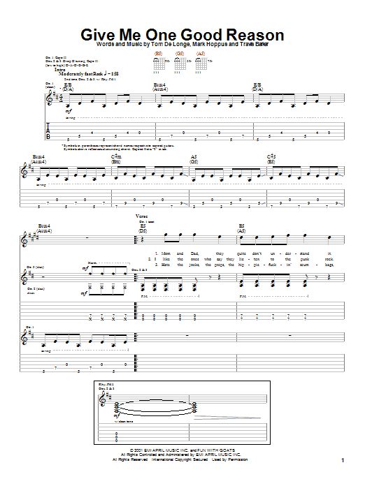 Blink-182 Give Me One Good Reason sheet music notes and chords arranged for Guitar Tab