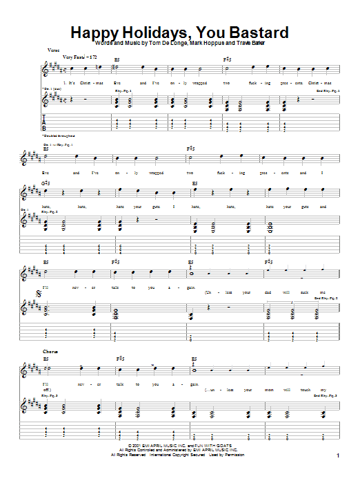 Blink-182 Happy Holidays, You Bastard sheet music notes and chords arranged for Guitar Tab