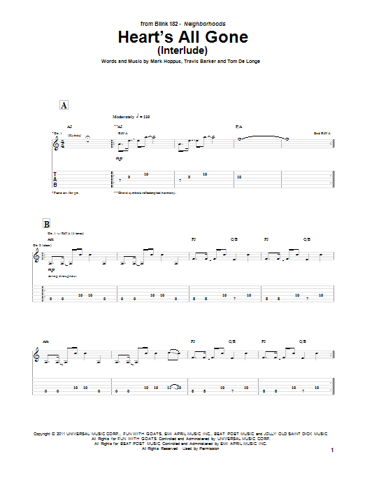 Blink-182 Heart's All Gone (Interlude) sheet music notes and chords arranged for Guitar Tab