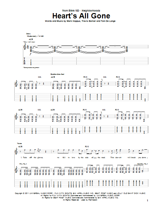 Blink-182 Heart's All Gone sheet music notes and chords arranged for Guitar Tab