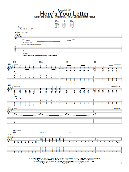 Blink-182 Here's Your Letter sheet music notes and chords arranged for Guitar Tab