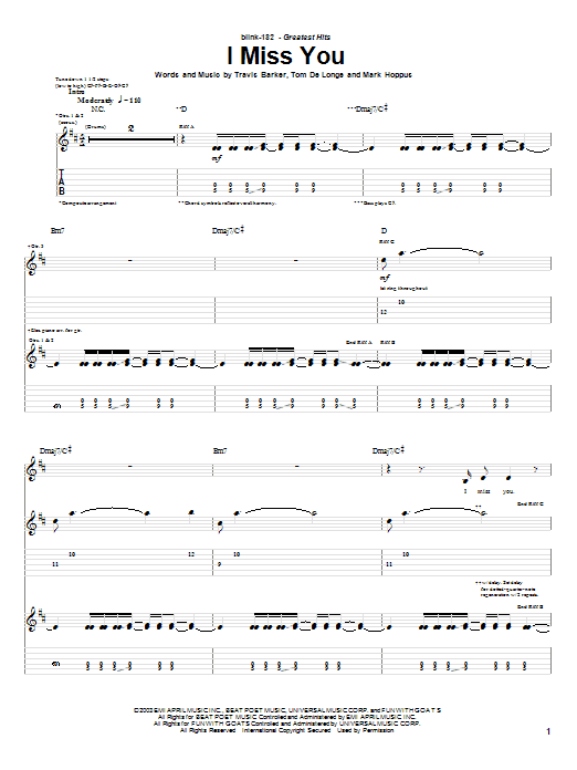 Blink-182 I Miss You sheet music notes and chords arranged for Bass Guitar Tab
