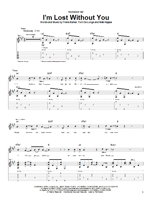 Blink-182 I'm Lost Without You sheet music notes and chords arranged for Guitar Tab
