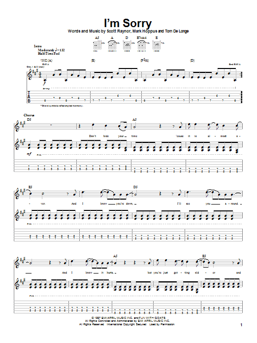 Blink-182 I'm Sorry sheet music notes and chords arranged for Guitar Tab
