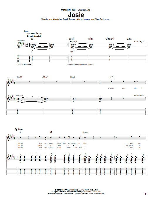 Blink 182 Josie sheet music notes and chords arranged for Drums Transcription