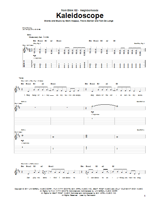 Blink-182 Kaleidoscope sheet music notes and chords arranged for Guitar Tab