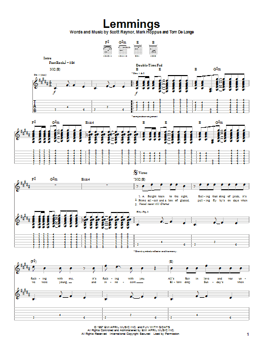 Blink-182 Lemmings sheet music notes and chords arranged for Guitar Tab