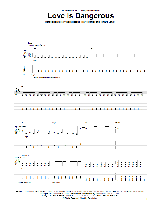 Blink-182 Love Is Dangerous sheet music notes and chords arranged for Guitar Tab
