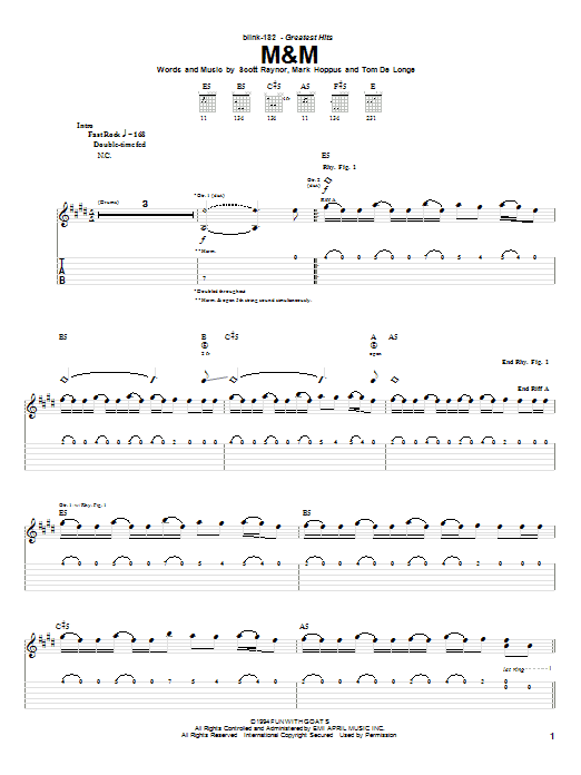 Blink-182 M&M sheet music notes and chords arranged for Easy Guitar Tab