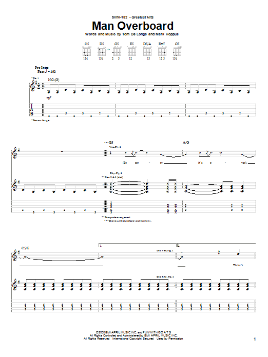 Blink-182 Man Overboard sheet music notes and chords arranged for Guitar Tab (Single Guitar)