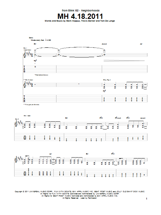 Blink-182 MH 4.18.2011 sheet music notes and chords arranged for Guitar Tab