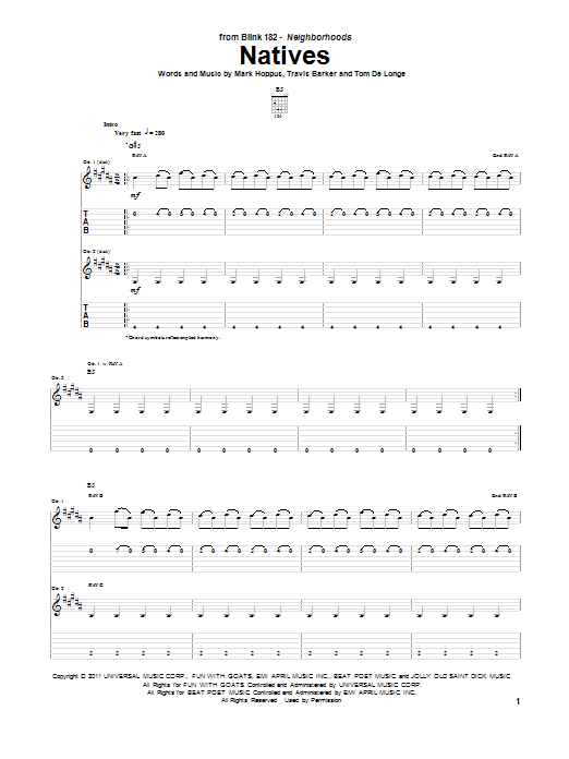 Blink-182 Natives sheet music notes and chords arranged for Guitar Tab