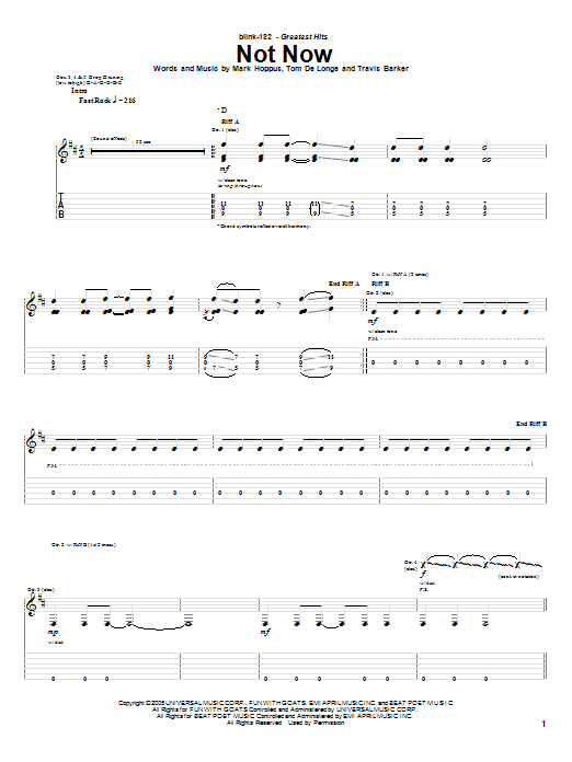 Blink-182 Not Now sheet music notes and chords arranged for Easy Guitar Tab