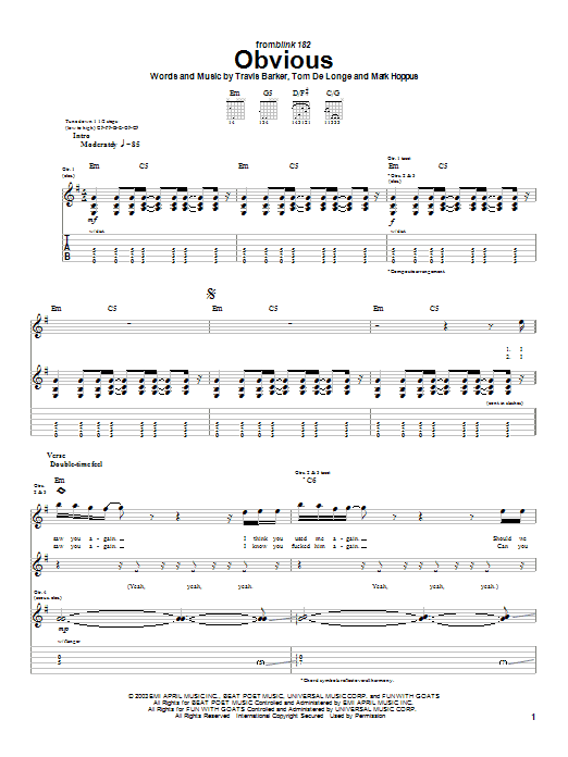 Blink-182 Obvious sheet music notes and chords arranged for Guitar Tab