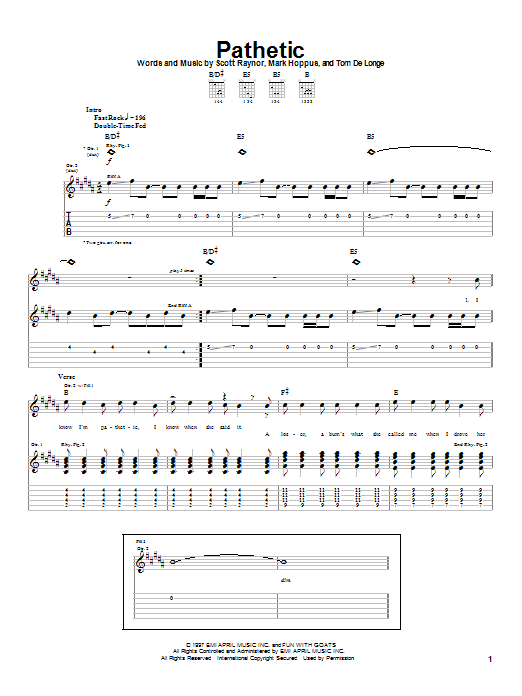 Blink-182 Pathetic sheet music notes and chords arranged for Guitar Tab