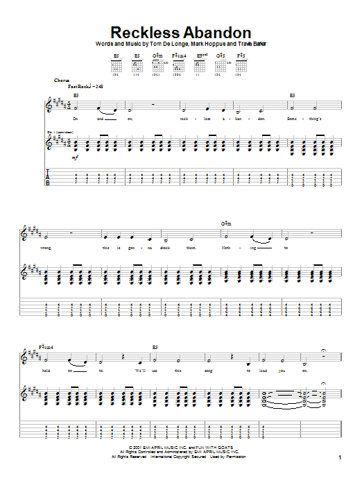 Blink-182 Reckless Abandon sheet music notes and chords arranged for Guitar Tab