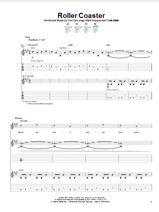 Blink-182 Roller Coaster sheet music notes and chords arranged for Guitar Tab
