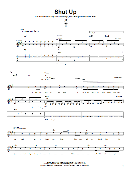 Blink-182 Shut Up sheet music notes and chords arranged for Guitar Tab