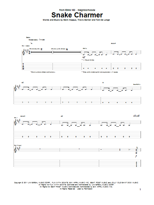 Blink-182 Snake Charmer sheet music notes and chords arranged for Guitar Tab