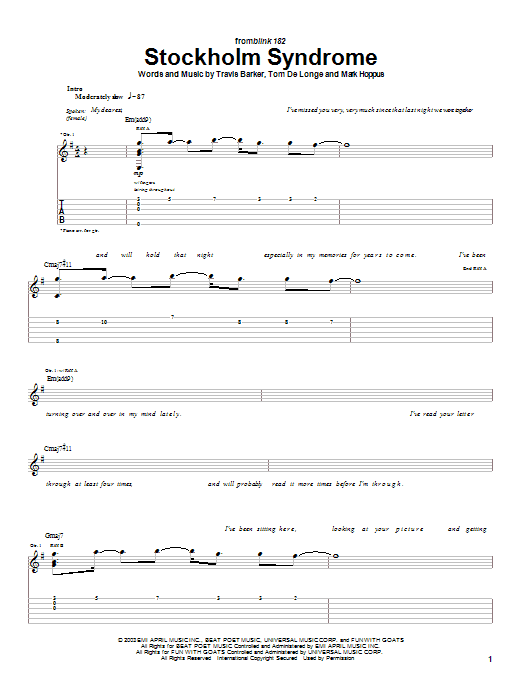 Blink-182 Stockholm Syndrome sheet music notes and chords arranged for Guitar Tab