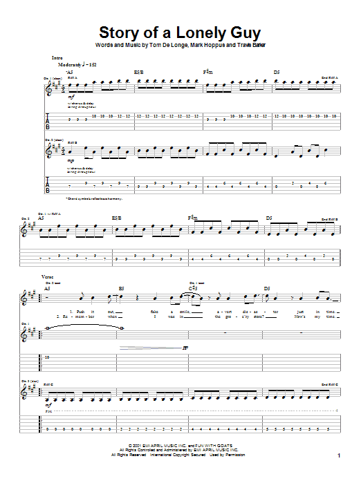 Blink-182 Story Of A Lonely Guy sheet music notes and chords arranged for Guitar Tab