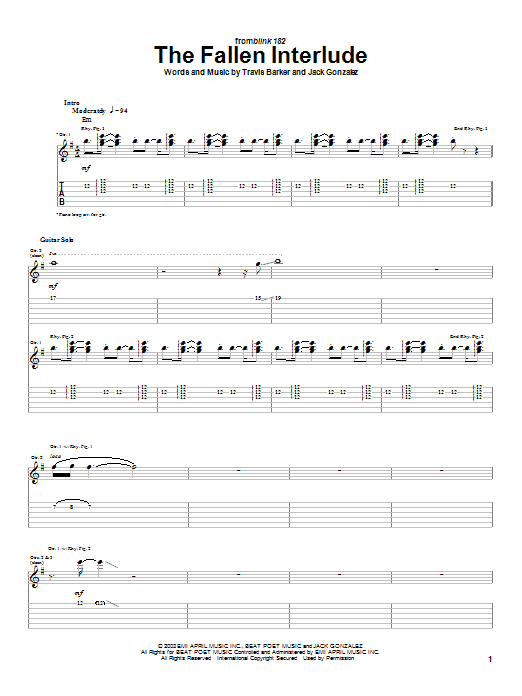 Blink-182 The Fallen Interlude sheet music notes and chords arranged for Guitar Tab