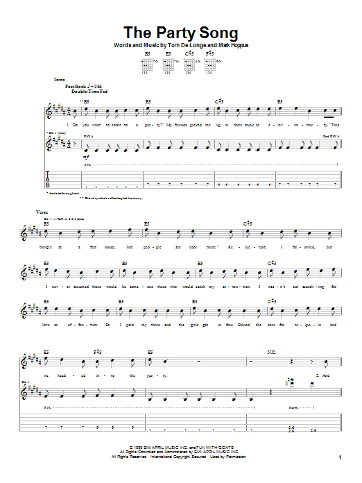 Blink-182 The Party Song sheet music notes and chords arranged for Guitar Tab