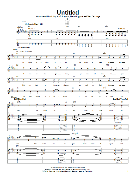 Blink-182 Untitled sheet music notes and chords arranged for Guitar Tab